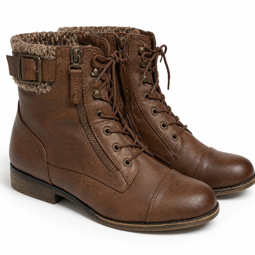 Kohl's Brown Lace-Up Faux-Leather Ankle Boots with Knit Cuff and Buckle